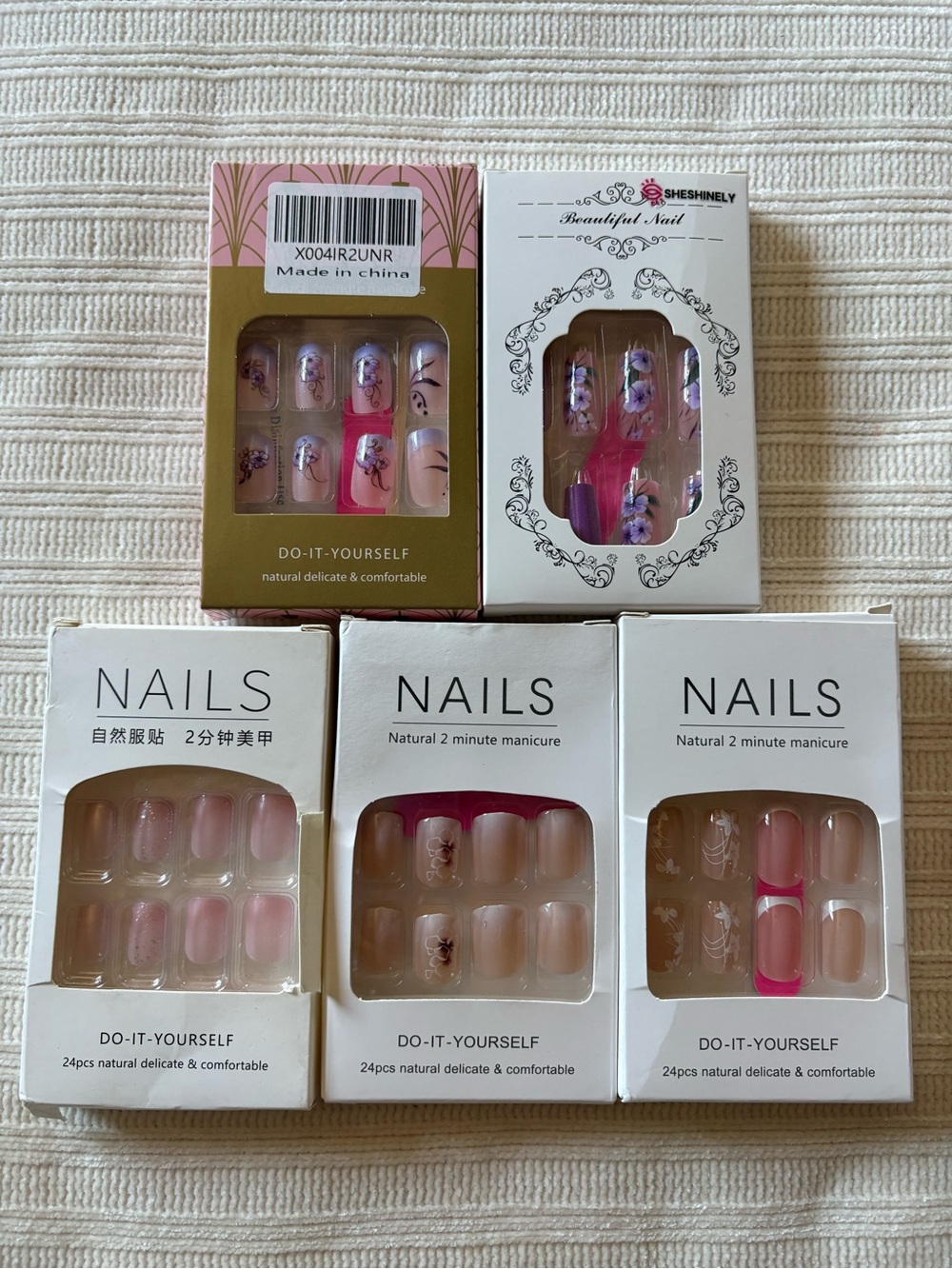 5 Sets New Pink Floral Press-On Nails – Natural Pink Set